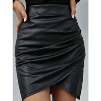 Kadın Yüksek Bel Yandan Fermuarlı Pileli Mini Deri Etek
