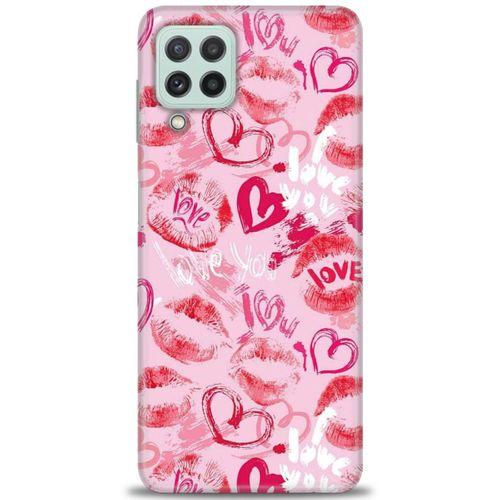 Samsung Galaxy M22 Kılıf HD Baskılı Kılıf - Pembe Love + Tam Ekran Koruyucu