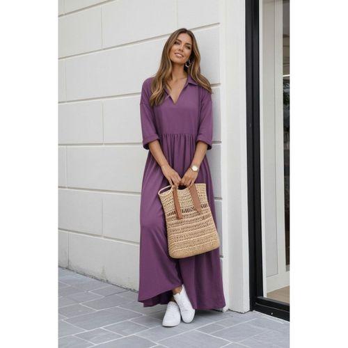 Kadın Truvakar Kollu V Yakalı Yırtmaçlı Uzun Aerobin Elbise