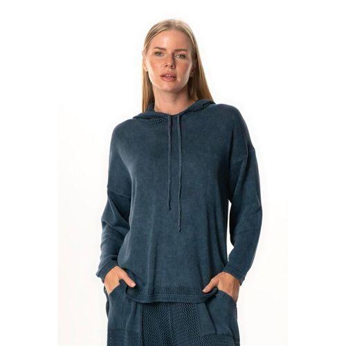 Uzun Kol Kapüşonlu Fileli Sonbahar ve Kışlık Triko Bluz İndigo indg