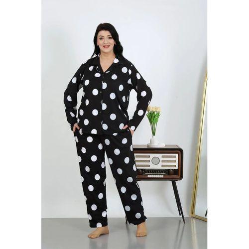 Kadın Büyük Beden Pamuklu Cepli Düğmeli Siyah Pijama Takım