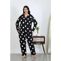 Kadın Büyük Beden Pamuklu Cepli Düğmeli Siyah Pijama Takım