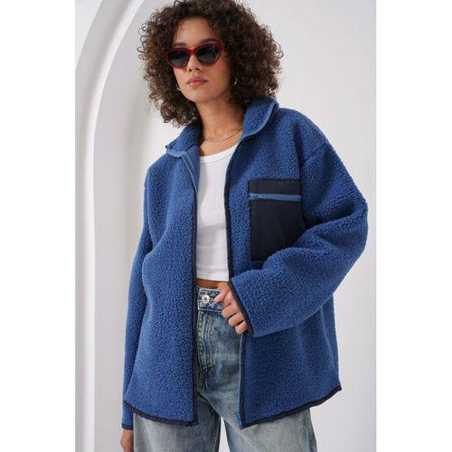 55446 Fermuarlı Oversize Peluş Ceket - Saks