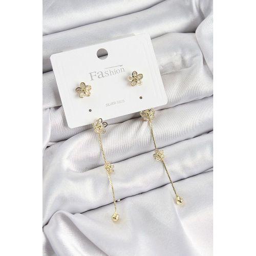 Pirinç Zirkon Taşlı Sallantılı Çiçek Model Gold Renk 925 Ayar Gümüş Çivi Kadın Küpe