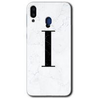 MRCİLETİSİM Samsung Galaxy M10 Kılıf HD Desen Baskılı Arka Kapak + Temperli Cam - Beyaz Mermer Desenli İ Harfi