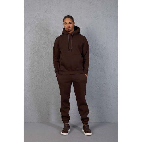 Şardonlu Kanguru Cepli Sweatshirt - 3 İplik Şardonlu Lastik Paça Erkek Eşofman Altı- Eşofman Takımı - Kahve