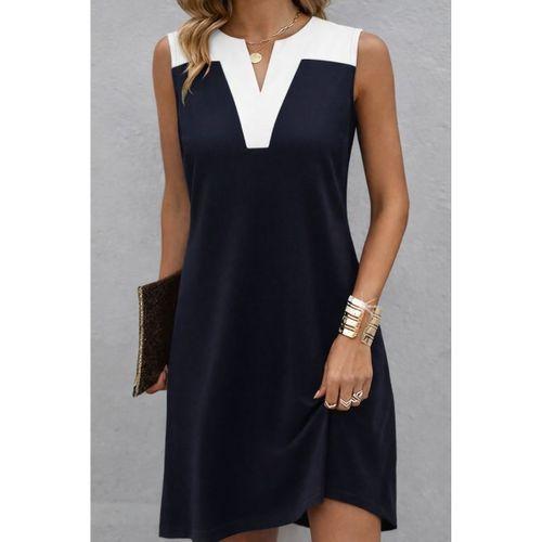 Kadın Askılı V Yakalı çift Renkli Kısa Viskon Iki Iplik Elbise