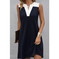 Kadın Askılı V Yakalı çift Renkli Kısa Viskon Iki Iplik Elbise