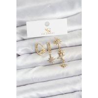 Pirinç Gold Renk Zirkon Taşlı Kutup Yıldızı Model YSX Trio Küpe Seti