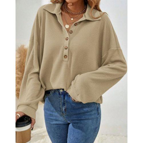 Kadın Uzun Kollu Yakalı Düğmeli Salaş Waffle Bluz