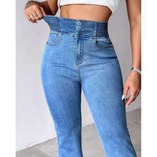 Kadın Yüksek Bel Yanları Lastik önü Düğmeli Kot Pantolon