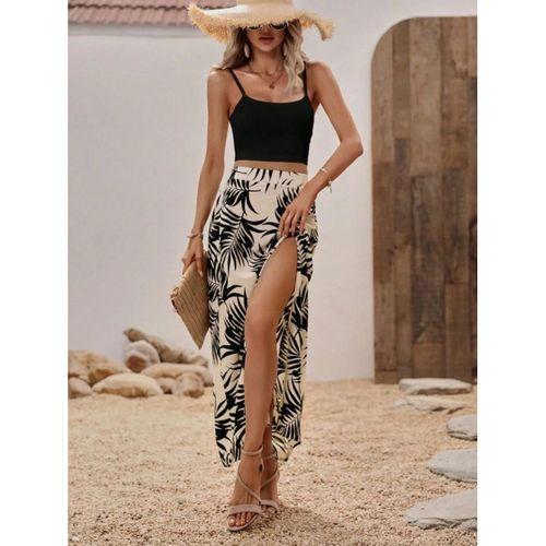 Kadın Ip Askılı Yuvarlak Yaka Kısa Viskon Bluz Ve Desenli Yırtmaçlı Süprem Etek Ikili Takım