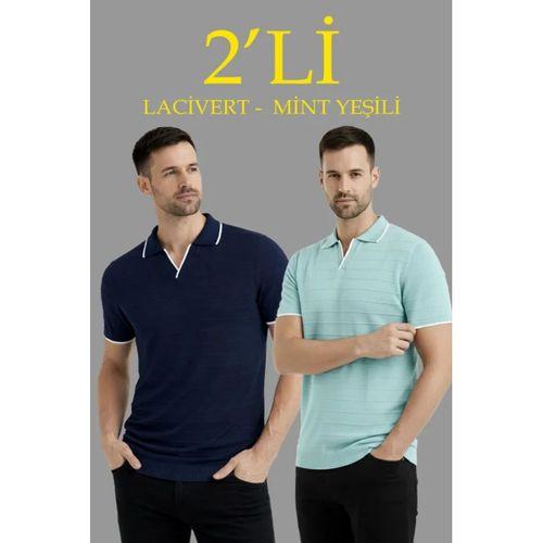 Erkek Kısa Kol Fitilli Triko Yakalı Düğmesiz T-shirt  2li Set Siyah-Mint Yeşili