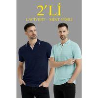 Erkek Kısa Kol Fitilli Triko Yakalı Düğmesiz T-shirt  2li Set Siyah-Mint Yeşili