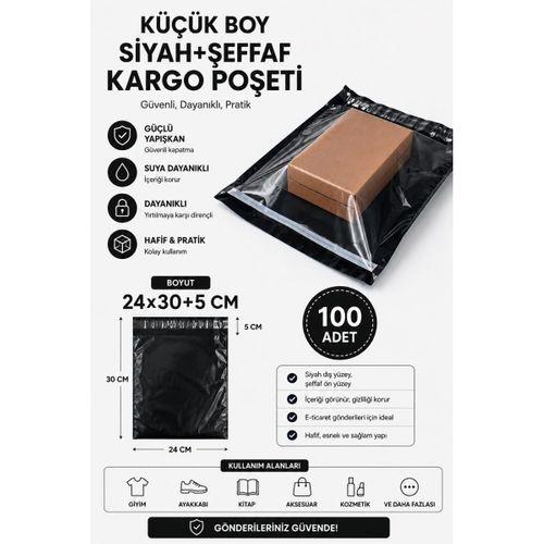 Küçük Boy Siyah Şeffaf Kargo Poşeti 24x30+5 Cm 100 Adet