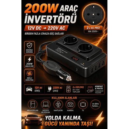 200w 12v Dc - 220v Ac Araç İçi İnvertör Priz Usb Girişli Dijital Göstergeli