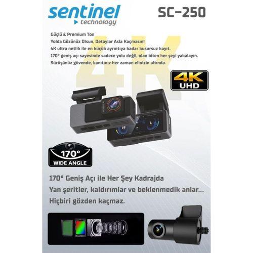 Sentinel SC-250 4K UHD Araç İçi Kamera | ADAS & BSD, Wi-Fi, GPS Opsiyonel, 170° Geniş Açı, 24 Saat Park Modu