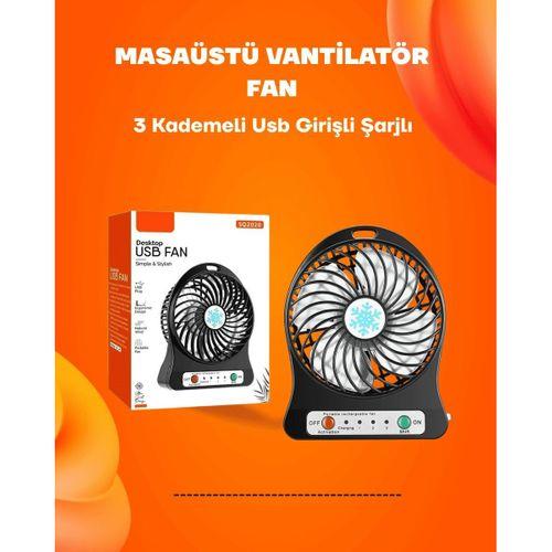 Mini Vantilatör Masaüstü – Usb Girişli, Şarjlı, 3 Kademe, Sessiz Motor, Işıklı