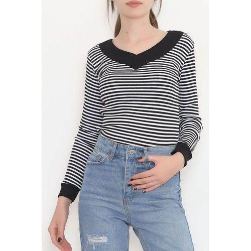 Çizgili V Yaka Body Siyah - 12173.1567.