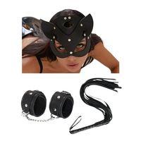 Fantezi Deri Seksi Siyah Kedi Maske Kelepçe Kırbaç Seti ( 3'lü Set)