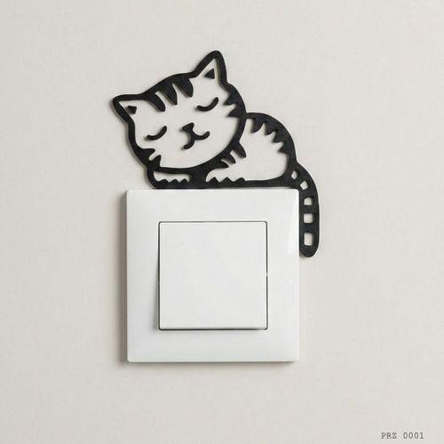 Uyuyan Kedi Figürlü Anahtar Priz Dekoru Siyah Beyaz