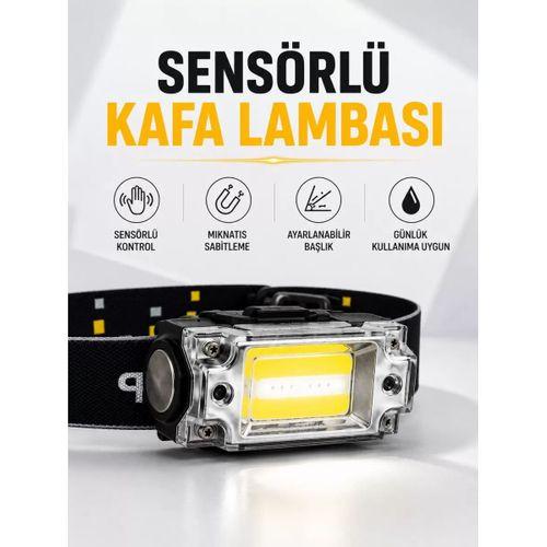 Sensör Kontrollü Şarjlı Beyaz Led Kafa Lambası Ve El Feneri