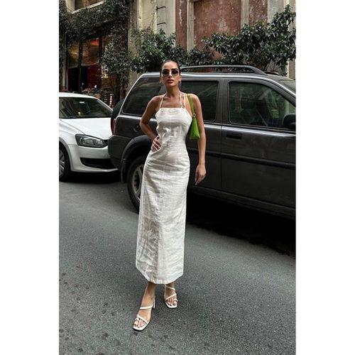 Trisha Sırt Dekolteli Keten Elbise 2496-20 ELBİSE