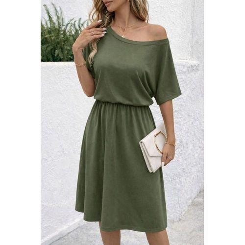 Kadın Kısa Kollu Omuzdan Açık Kiloş Midi Viskon Elbise