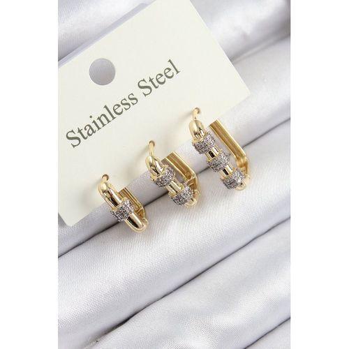 316L Çelik Zirkon Taşlı Dikdörtgen Model Gold Renk 3'lü Set Kadın Küpe