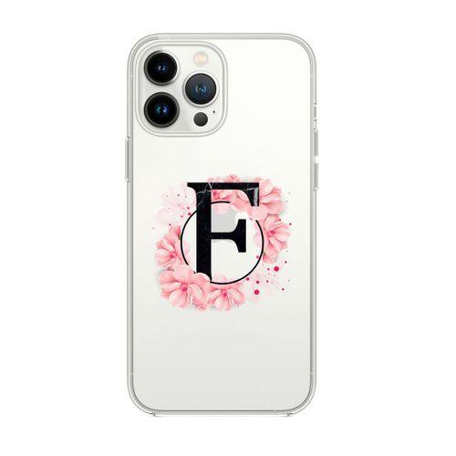 iPhone 13 Pro Pembe Çiçek Desen F Harfli Premium Şeffaf Silikon Kılıf