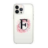 iPhone 13 Pro Pembe Çiçek Desen F Harfli Premium Şeffaf Silikon Kılıf