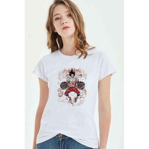 Anime One Piece Flame Baskılı Beyaz Kadın Tshirt