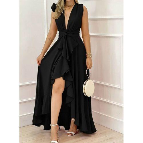 Kadın Askılı Kruvaze Yakalı önü Volanlı Uzun Krep Elbise