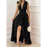 Kadın Askılı Kruvaze Yakalı önü Volanlı Uzun Krep Elbise