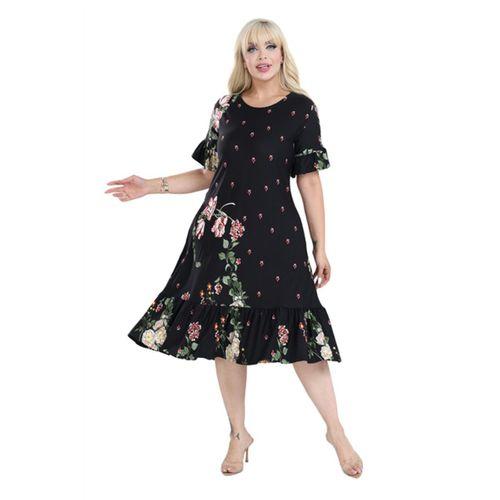 Melsay Butik Siyah Eteği Fırfırlı Sulu Pembe Çiçek Desen Cepli Kadın Elbise