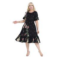 Melsay Butik Siyah Eteği Fırfırlı Sulu Pembe Çiçek Desen Cepli Kadın Elbise