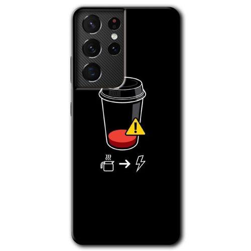 Samsung Galaxy S21 Ultra HD Baskılı Kılıf + 9D Tam Ekran Koruyucu - Coffee Battery