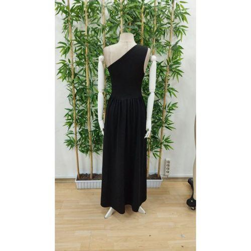 Kadın Omuzlardan Açık Asimetrik Yaka Detaylı Yırtmaçlı Maksi Boy Janjan Krep Elbise