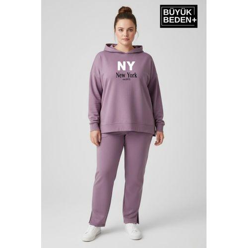 Büyük Beden Kapşonlu NY Newyork Baskılı Tunik ince Sweatshırt  SPR26BTK991-1