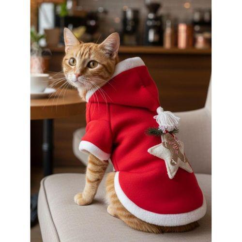 Yılbaşı Kedi Kıyafeti Yıldız Desenli Kırmızı Polar | Kapüşonlu Noel Kedi Kostümü | Kurabiye Temalı