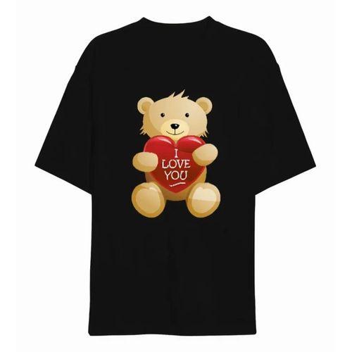 14 Şubat Sevgililer Günü I Love You Ayı Baskılı Oversize Bisiklet Yaka T-shirt - Siyah