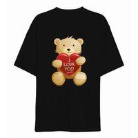 14 Şubat Sevgililer Günü I Love You Ayı Baskılı Oversize Bisiklet Yaka T-shirt - Siyah