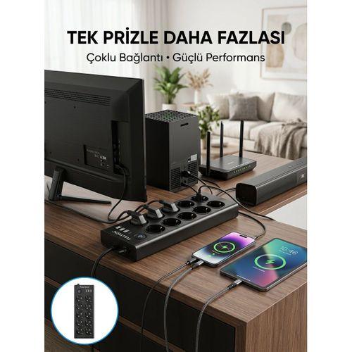 10 Prizli Usb Destekli Çoklu Priz Type-c Şarj Girişli Güvenli Güç Ünitesi