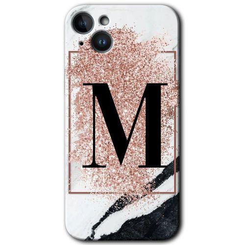 Potkal Hediye Fabrikası iPhone 14 Kılıf HD Desen Baskılı Arka Kapak - Temperli Cam - Pembe Mermer Desenli M Harfi