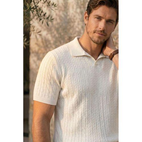 Nestor Saç Örgü Desenli Polo Yaka Regular Fit Örme İnce Triko Erkek T-Shirt - Ekru