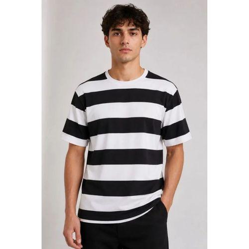 Erkek Çizgili Oversize Tişört Bisiklet Yaka Kısa Kol Yazlık T-Shirt - Siyah