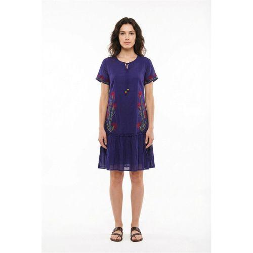 Kısa Kol Gülbin Bağcıklı V Yaka Nakışlı Yazlık Vual Kısa Elbise Mor Mor