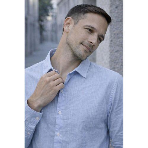 Proust Çizgili İnce Modal Kumaş Uzun Kollu Yazlık Erkek Gömlek - Soğuk Mavi