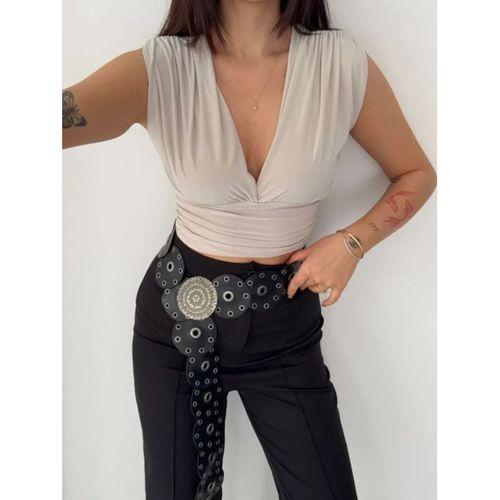 Vatkalı Kolsuz V Yaka Drapeli Crop Bluz Likralı Fit - Boyalı Gri