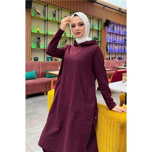 Kapşonlu Yandat Çıtçıtlı Sade Basic Uzun Tunik ve Pantolon İkili Spor Takım - 03071.020 - Mürdüm